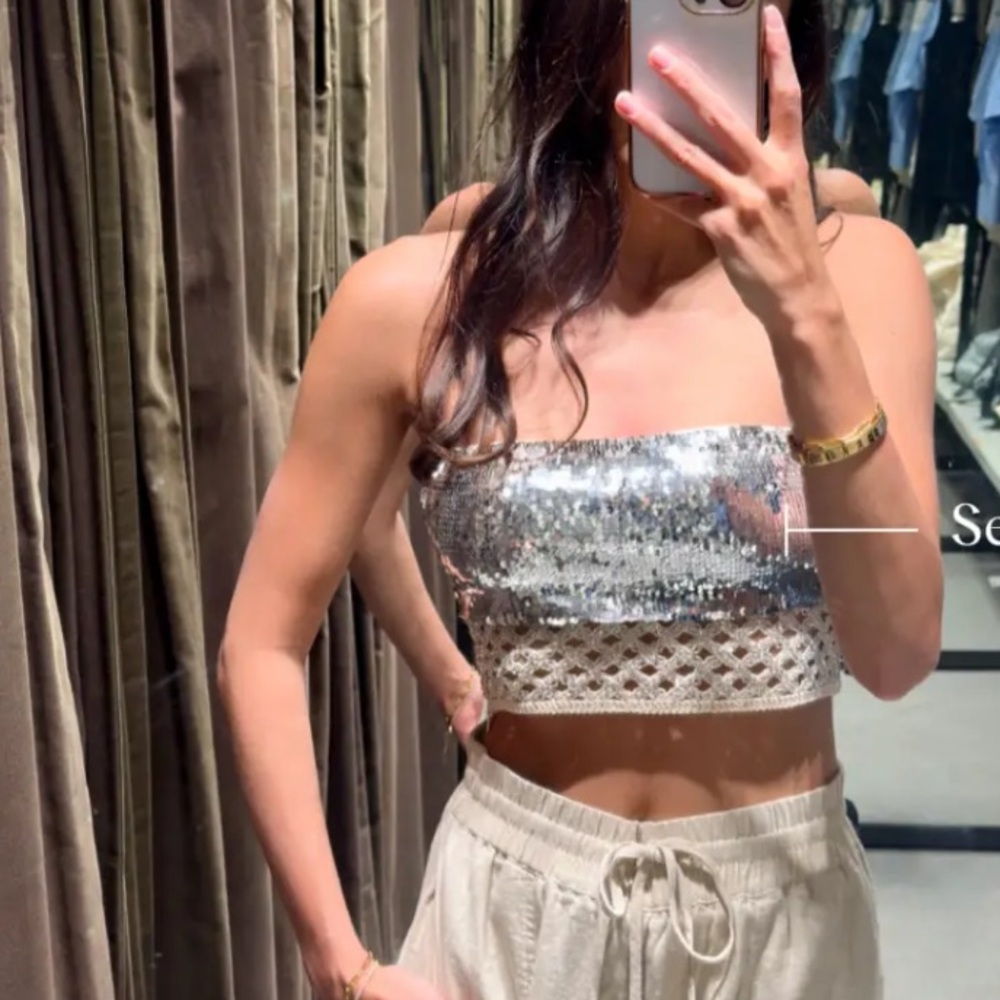 Zara Sequin Silver Mesh Bandeau Crop Top